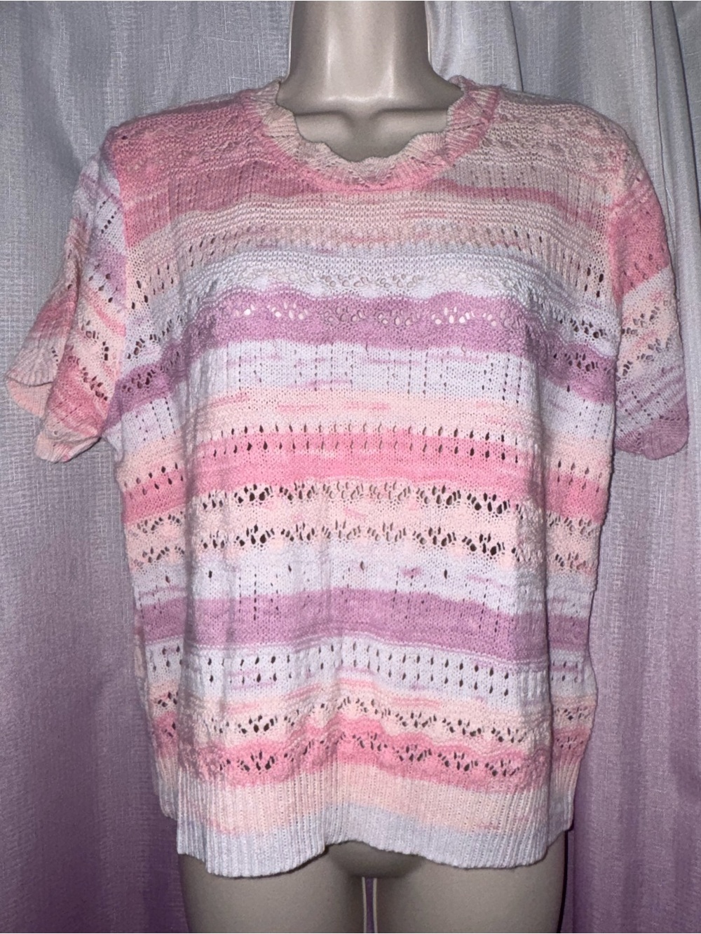 Nanette Lepore Pink, Lilac & White Openwork Knit Top